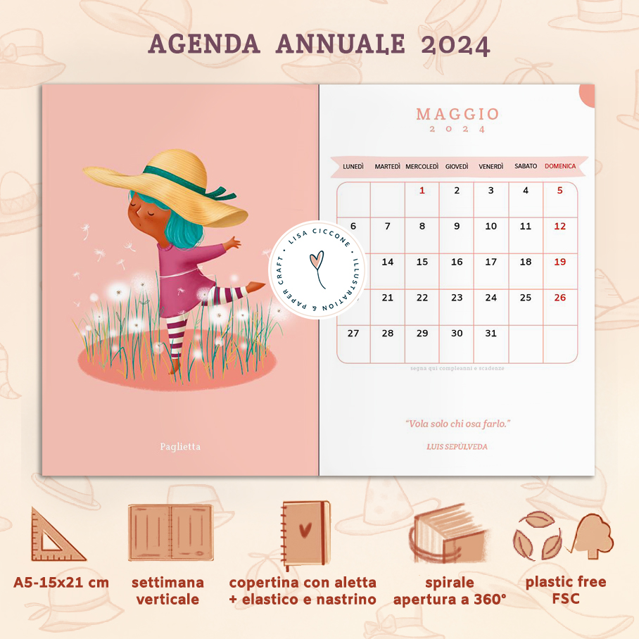 Agenda mensile 2024 con visualizzazione mensile, calendario per